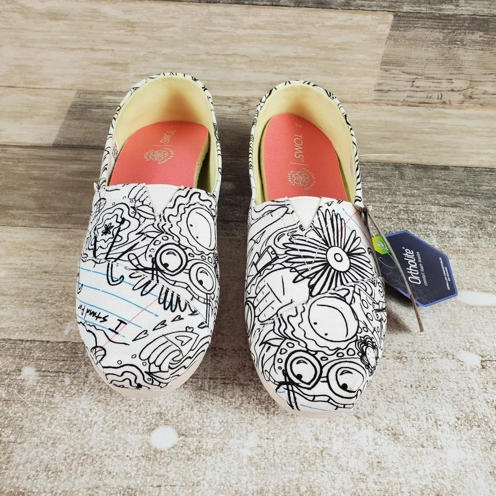 Toms Alpargata Womens Loafers Shoe Sz 5 Slip On Coloring Book Print